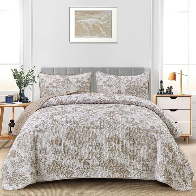 WONGS BEDDING Botanical Quilt Set Full Size, 3 Pieces Khaki Toile Floral Plants - Image 2