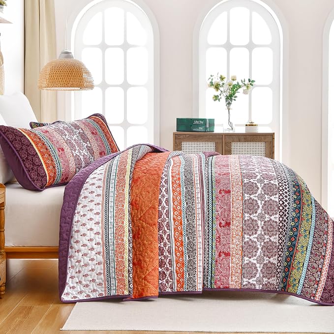 WONGS BEDDING Boho Quilt Set King Size, Lightweight Soft Microfiber Bedding Set - Image 4
