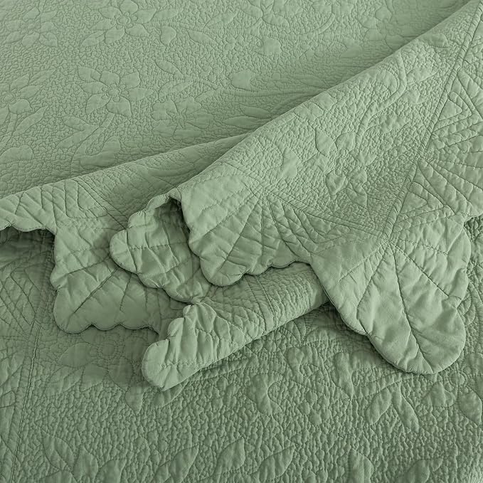Brandream Premium Sage Green Cotton Quilt Set Queen Size Floral Vine Stitching - Image 7