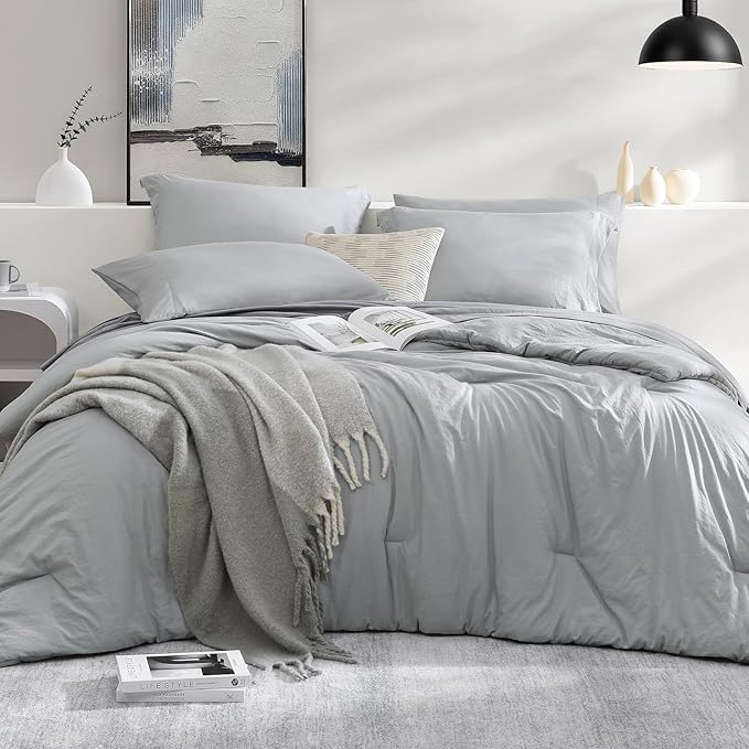 WRENSONGE Queen Comforter Set- 7 Pieces Soft Light Grey Bed in a Bag Queen by WRENSONGE