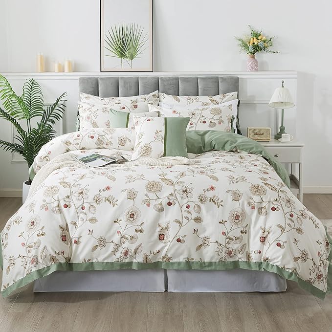 FADFAY Floral Bedding Set Full 100% Cotton Shabby and Chic Beige Green - Image 9