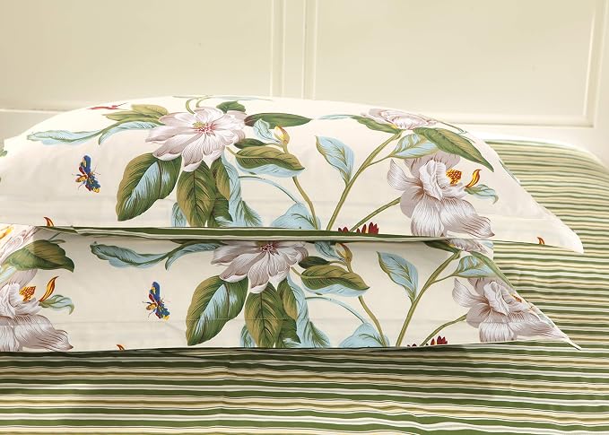 FADFAY Floral Duvet Cover Set 100% Cotton Green Striped and Beige Bedding White - Image 7