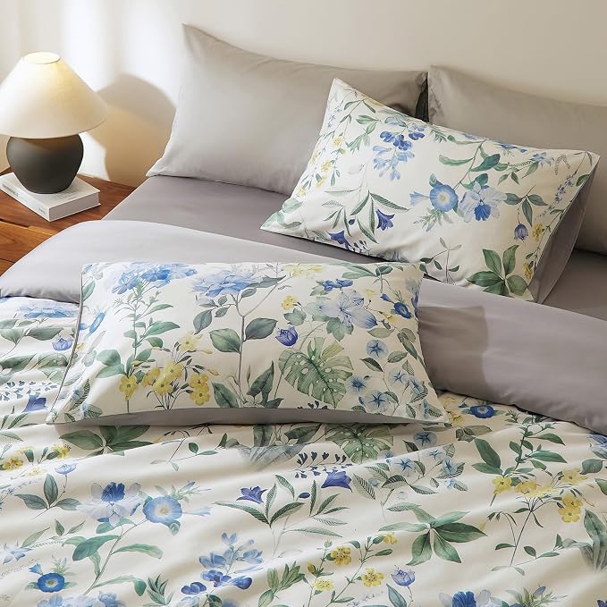 mixinni Reversible Floral Duvet Cover Set King Size, 3 Piece Blue Green - Image 3