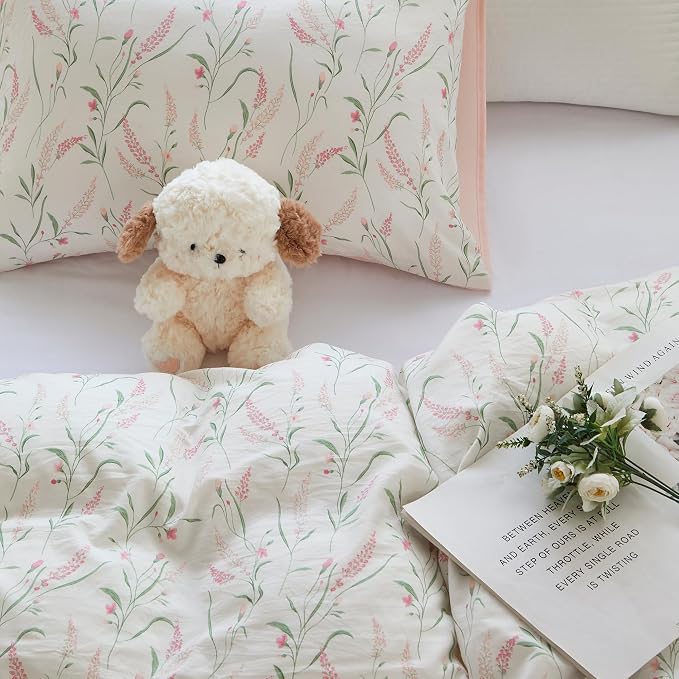 BOLINLIVING Pink Floral Duvet Cover Twin Size, Kids Girls Botanical Leaf Spring - Image 6