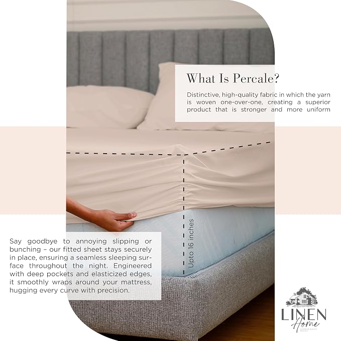 Linen Home 100% Cotton Percale Sheets California King Size, Sand Shell - Image 4