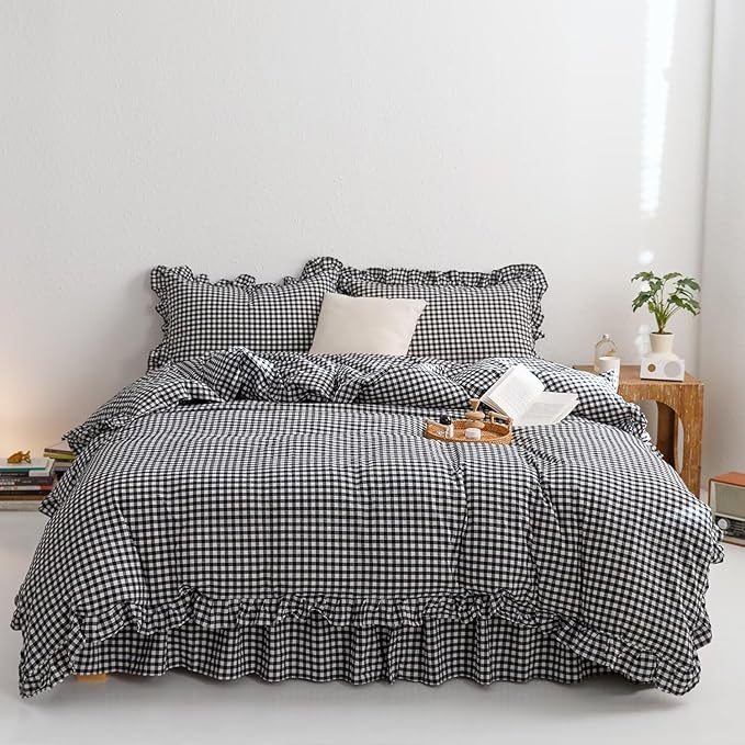 mixinni Black White Gingham Ruffle Duvet Cover Queen Size 3 Pieces – 100% - Image 7