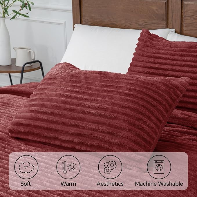 BEDELITE Fleece Full Comforter Set -Super Soft & Warm Fluffy Burgundy Bedding - Image 5