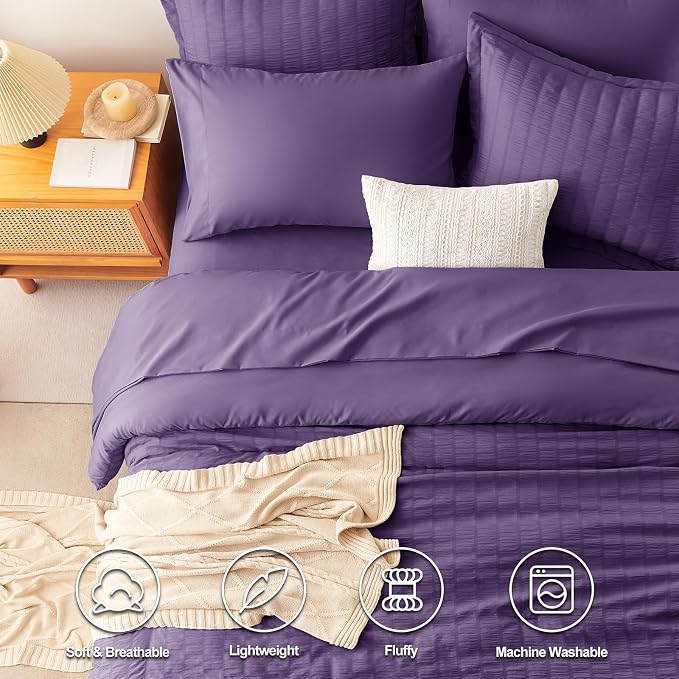 CozyLux Queen Comforter Set Purple Seersucker 7 Pieces Bed in a Bag Queen - Image 2