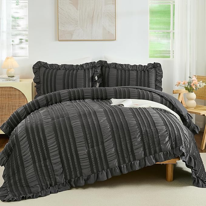 WONGS BEDDING Queen Comforter Set, Dark Grey Boho Comforter Set Queen, Shabby - Image 9
