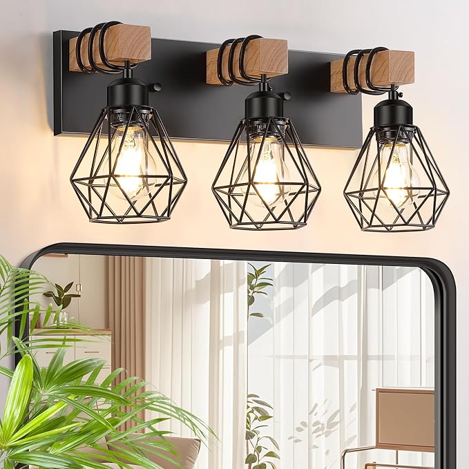 FadimiKoo 3-Light Farmhouse Bathroom Vanity Light Fixtures, Wood Bathroom by FadimiKoo