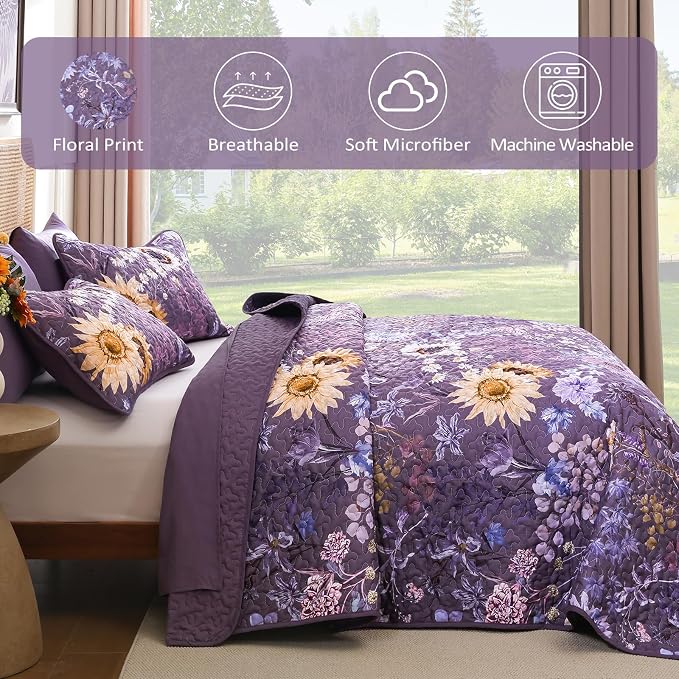 Yiran Purple Quilt Set Queen Size, Floral Bedspreads Bedding Set, 3 Pieces - Image 6