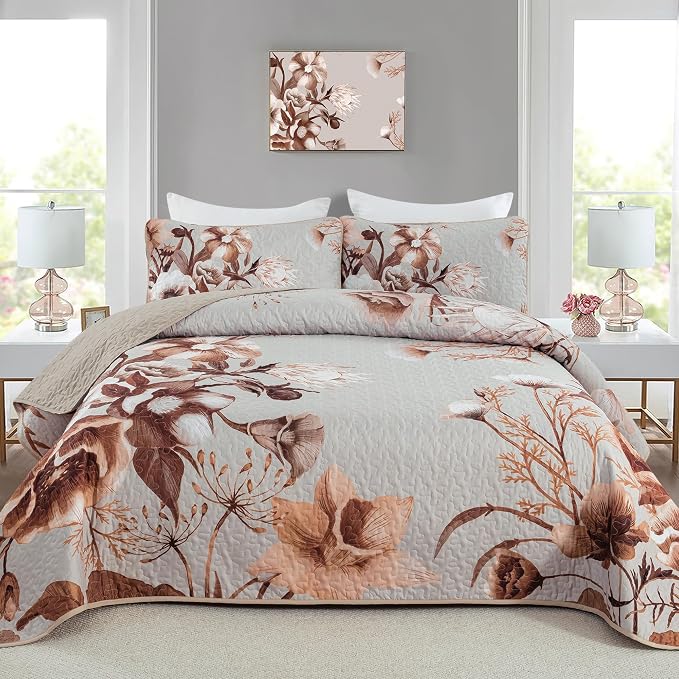 Khaki Floral Quilt Set Queen 3 Pieces Boho Flower Quilt Coverlet Set Soft by DRUCON