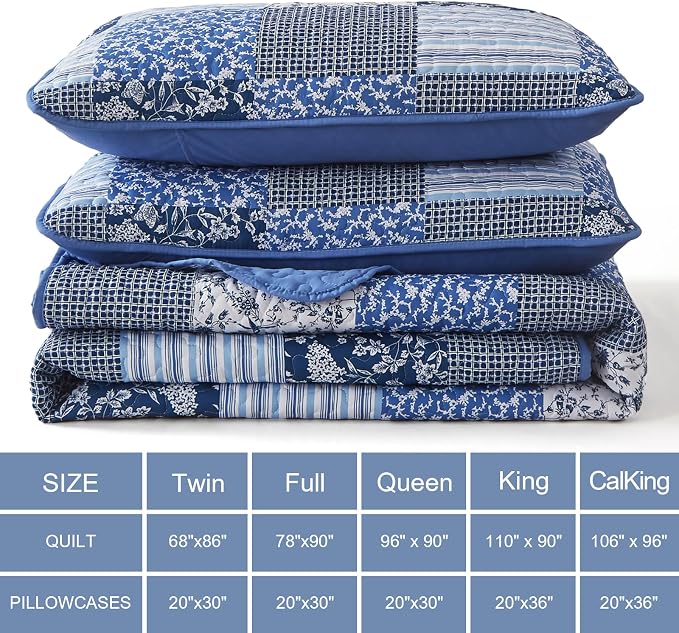Mybedsoul Blue Boho Quilt Set Queen Size, 3 Pieces Plaid Floral Bedspread - Image 6