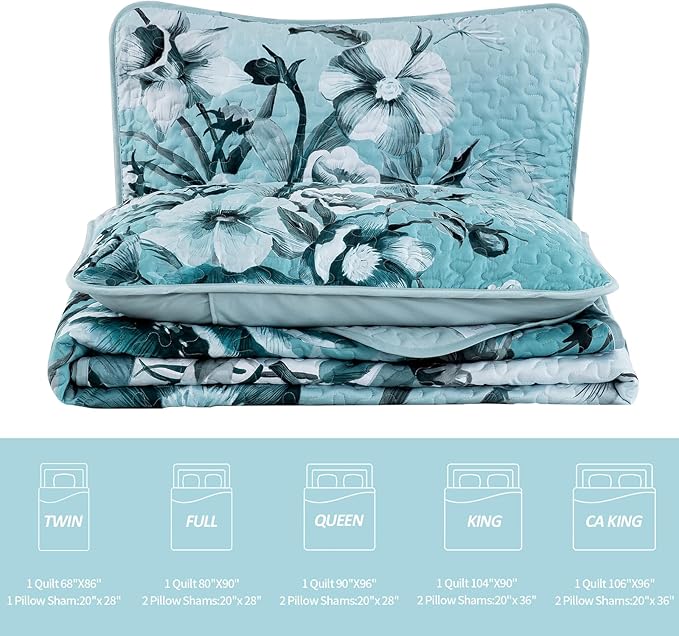 Blue Floral Quilt Set Queen 3 Pieces Boho Flower Quilt Coverlet Set Soft - Image 7