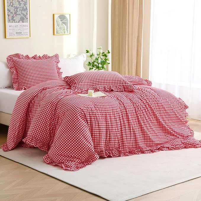 Silnuo Red/White Checkered Ruffle 3-Piece Duvet Cover Set Full Size, Washed by Silnuo