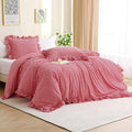 Silnuo Red/White Checkered Ruffle 3-Piece Duvet Cover Set Full Size, Washed by Silnuo
