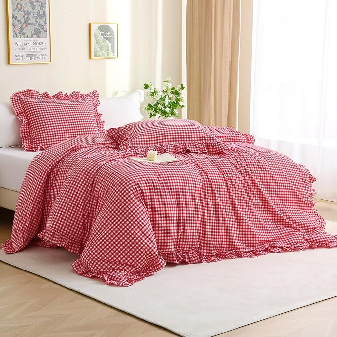 Silnuo Red/White Checkered Ruffle 3-Piece Duvet Cover Set Twin Size, Washed by Silnuo