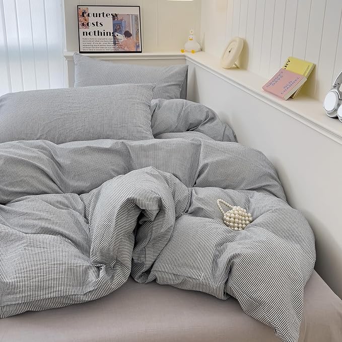mixinni Grey Striped Duvet Cover Queen Size - Image 4