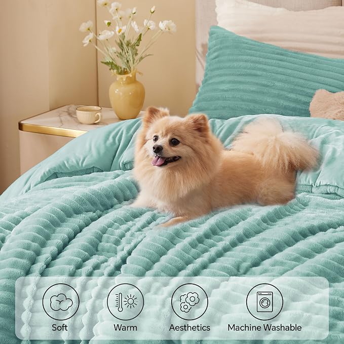BEDELITE Fleece Queen Comforter Set -Super Soft & Warm Fluffy Haze Blue Bedding - Image 3