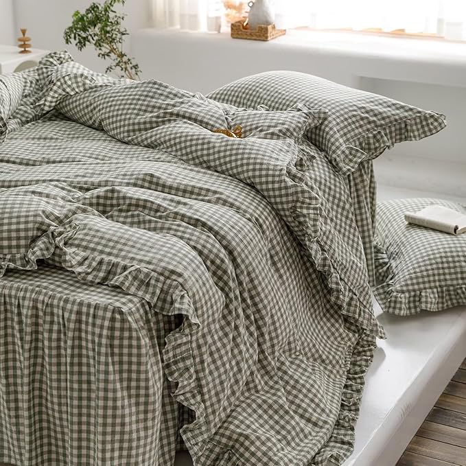 MKXI Sage Green Gingham Duvet Cover Queen, 3-Piece Ruffled Bedding Set - Image 5