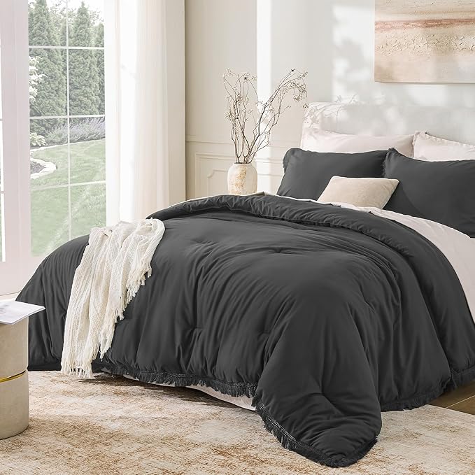 Andency Full Size Comforter Set Dark Grey, 3 Pieces Boho Lightweight Bedding by Andency