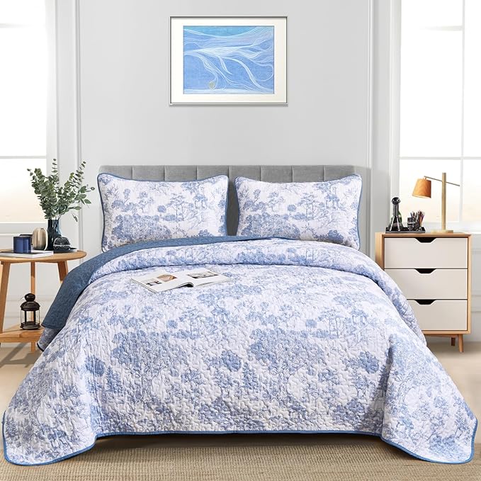 WONGS BEDDING Blue Quilt Set Queen Size, 3 Pieces Botanical Bedspreads Set - Image 2