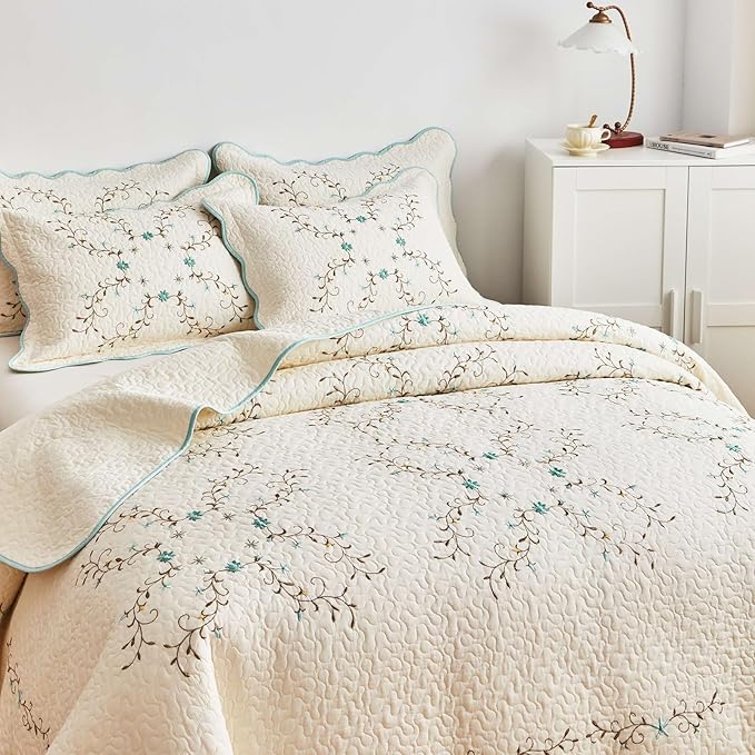 ROOMLIFE Quilt Set Queen Size 3D Floral Embroidery Pattern 3-Piece Cotton - Image 4