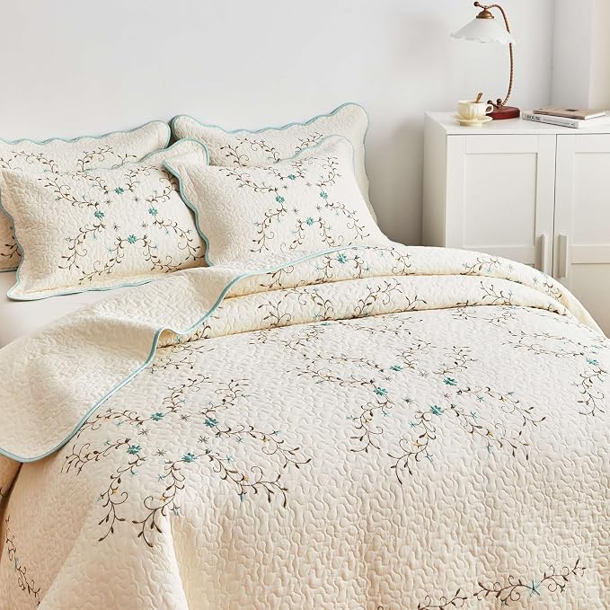 ROOMLIFE Quilt Set King Size 3D Floral Embroidery Pattern 3-Piece Cotton - Image 4