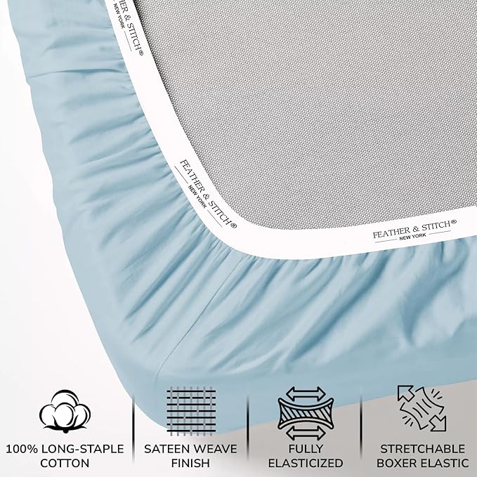 Feather & Stitch 1 Piece Fitted Sheet Queen Size, 100% Cotton Damask Sateen - Image 2