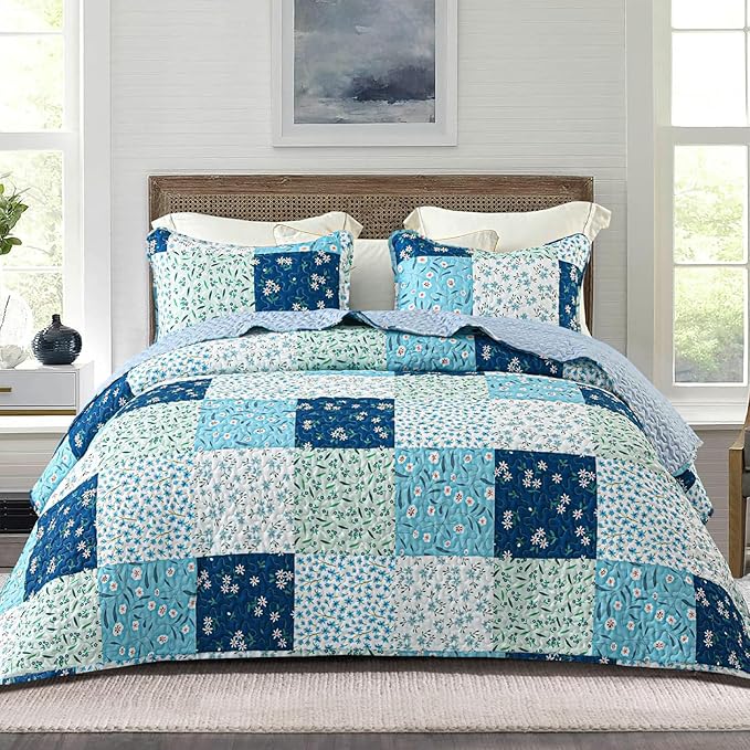 Whale Flotilla Patchwork Quilts Queen Size, Extra Soft Boho Floral Bedspreads by WHALEFLOTILLA