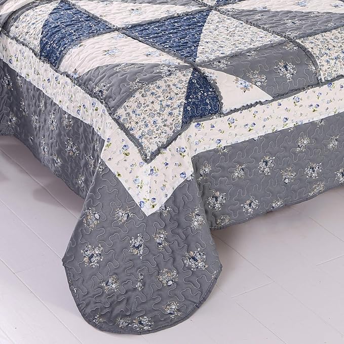Oversized King Size Grey Floral Plaid Patchwork Quilt Set 128x120 Extra Wide - Image 9