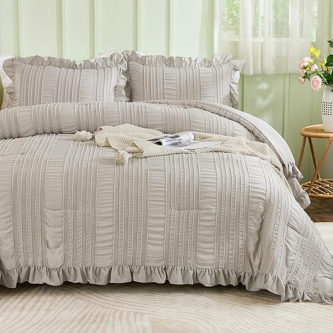 WONGS BEDDING Grey Textured Comforter Set King, 3 Pieces Ruffle Farmhouse - Image 4