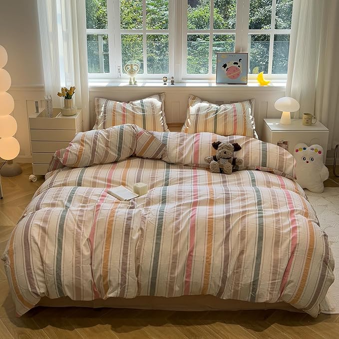 mixinni Vintage Striped Duvet Cover Set Twin XL, 3-Piece 100% Washed Cotton - Image 2