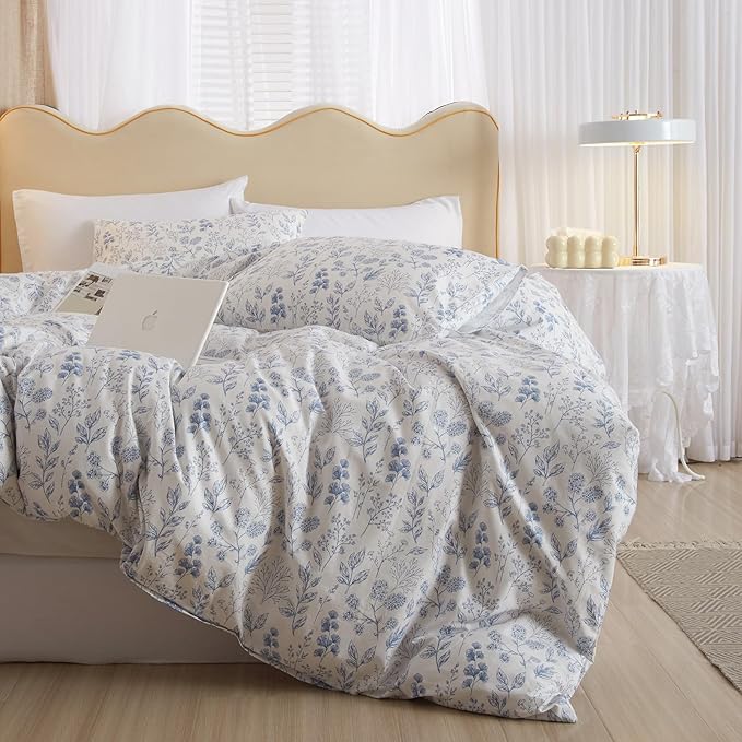 mixinni Small Floral Print Duvet Cover Queen Blue Flower Leaf Duvet Cover Set by mixinni