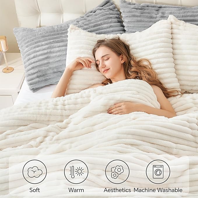 BEDELITE Fleece Queen Comforter Set -Super Soft & Warm Fluffy Cream White - Image 5