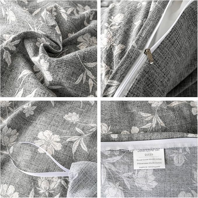 OAITE Grey Flower Twin Size Duvet Cover-3 Pieces Prewashed Cotton-Like - Image 4