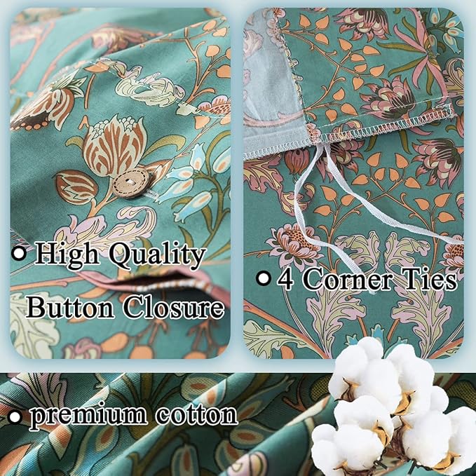 FADFAY Duvet Cover Set Button Closure Floral Bedding King/Cal King 100% Cotton - Image 3