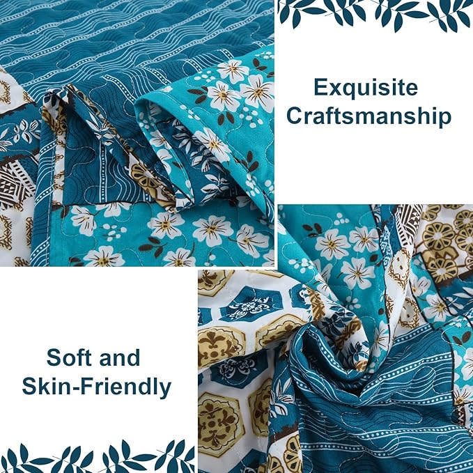 Mybedsoul Dusty Blue Quilt Set Queen Size, 3 Pieces Plaid Floral Bedspread Set - Image 4