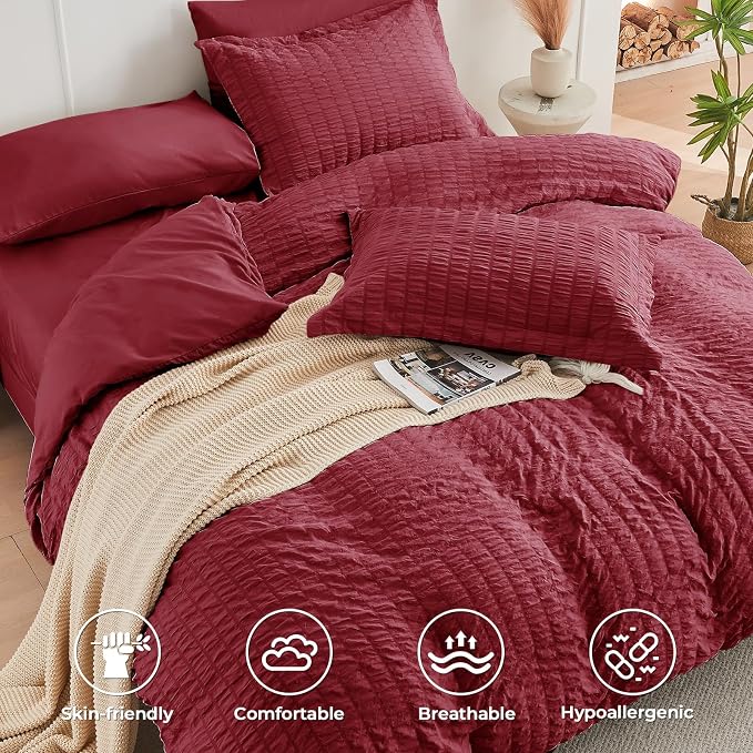 HYMOKEGE Burgundy Full Size Comforter Sets Seersucker 7 Pieces, All Season - Image 3