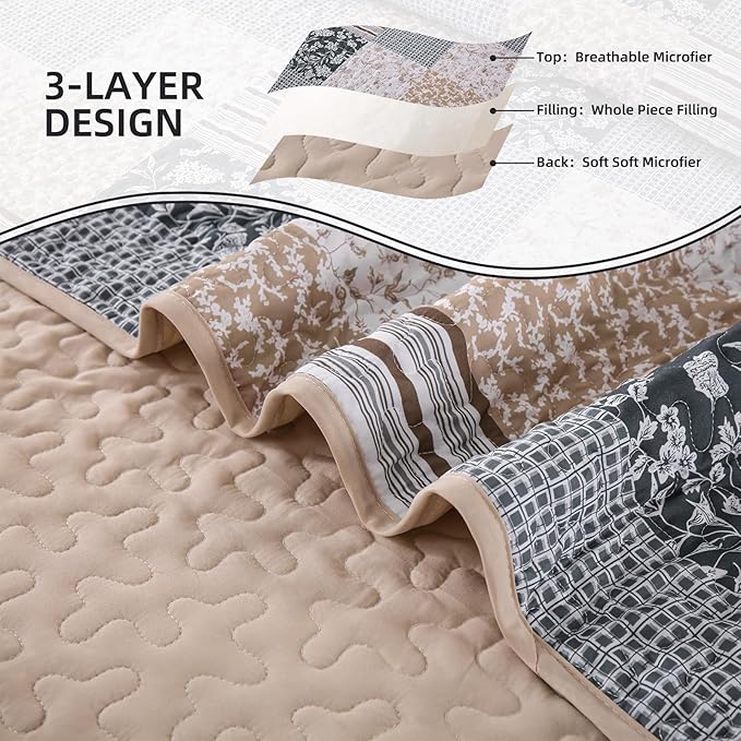 Mybedsoul Patchwork Quilt Set Queen Size, 3 Pieces Blue Brown Floral Plaid - Image 5
