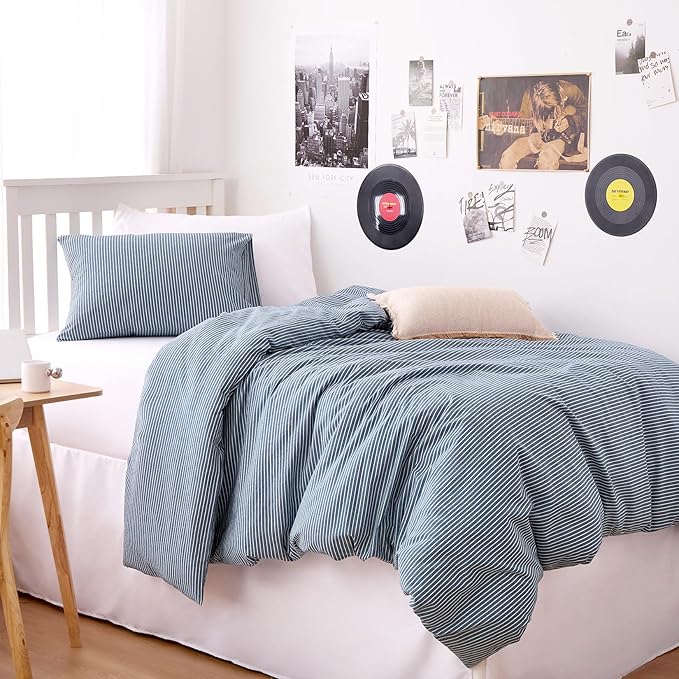 Wake In Cloud - Striped Cotton Duvet Cover Set, 100% Washed Cotton Textured - Image 4