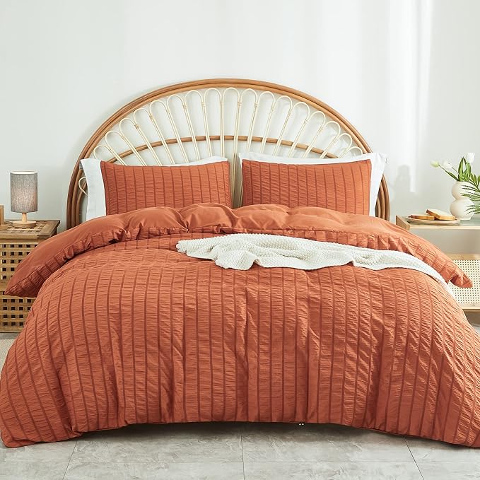 AveLom Terracotta Seersucker Duvet Cover Set Full Size, 3 Pieces, Ultra Soft by AveLom