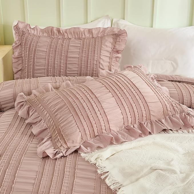 WONGS BEDDING Pink Comforter Set King, 3 Pieces Ruffle Farmhouse Shabby Chic - Image 5