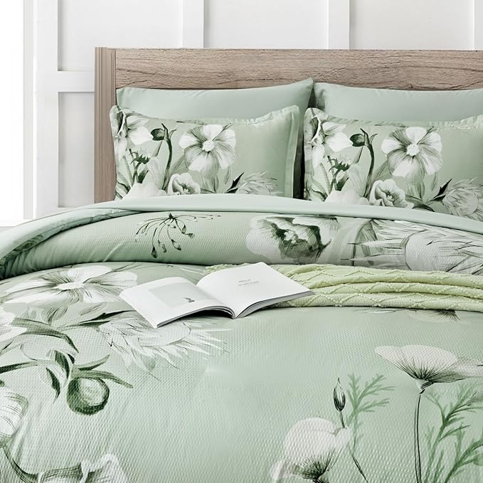 Luxudecor Floral Comforter Set Queen Size 7 Piece, Sage Green Flower Bed in a - Image 3
