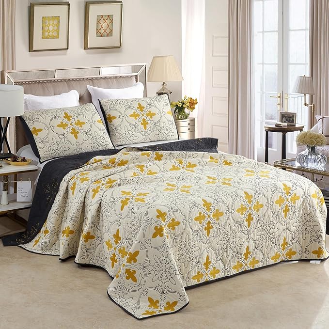ROOMLIFE Quilt Set Full Size 3D Floral Iris Embroidery Pattern 3-Piece Cotton by ROOMLIFE