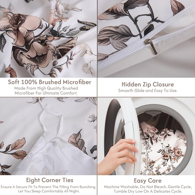 LONAVA Queen Floral 3 Pcs Duvet Cover Set, Breathable Soft Microfiber Light - Image 7