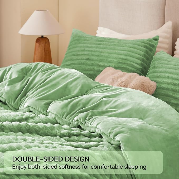 BEDELITE Fleece Queen Comforter Set -Super Soft & Warm Fluffy Green Bedding - Image 5