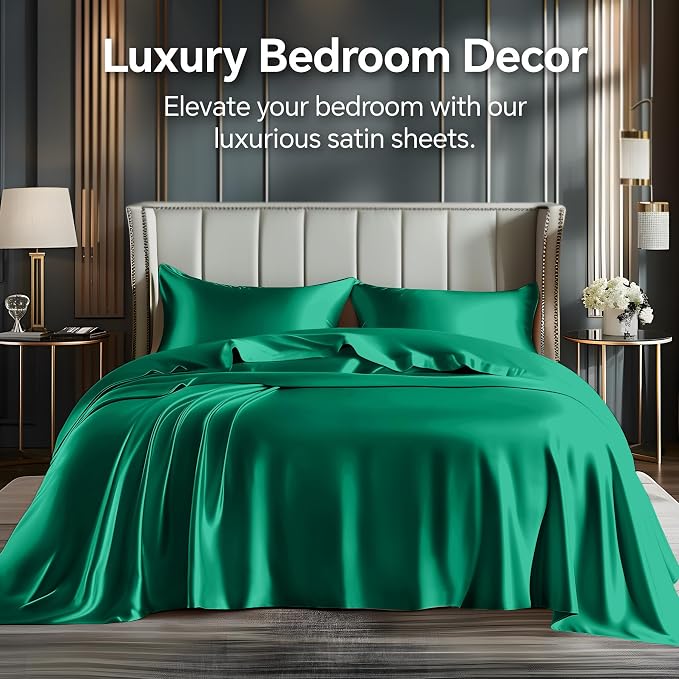 BEDELITE Satin Sheets Full Size Bed Set, Luxury Soft Dark Green Silky Sheets - Image 2