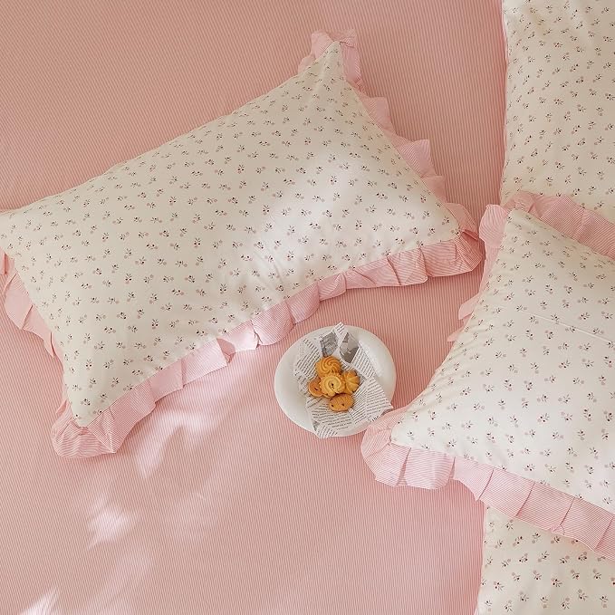 mixinni Pink Floral Duvet Cover Set Queen Size – 100% Cotton Ruffle Lace Bedding - Image 5