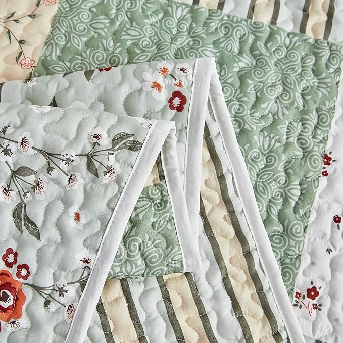 Patchwork Quilt Set Full/Queen Size, 3 Pieces Green Floral Plaid Summer - Image 7